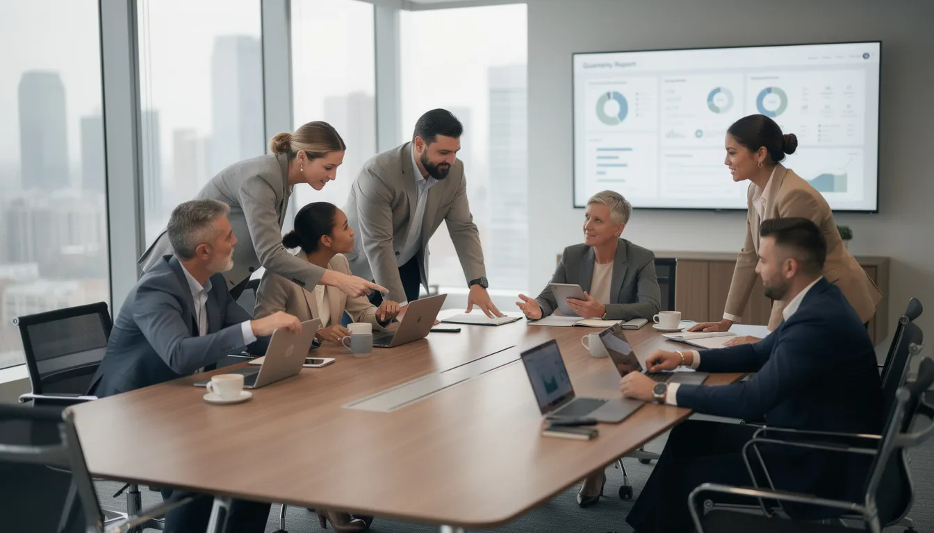 A diverse team of professionals is collaborating around a conference table, using laptops and tablets to discuss important documents and workflows. They appear engaged in the process of signing electronic documents, highlighting the importance of secure and legally binding agreements in their business operations.