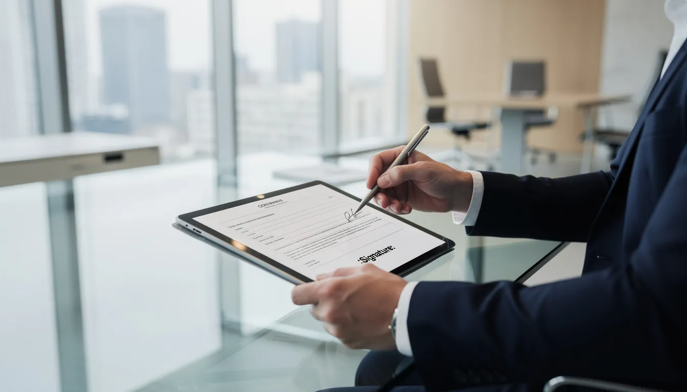 A business professional is signing a document on a tablet device in a modern office setting, utilizing electronic signatures to streamline the document workflow. The scene highlights the use of digital documents and secure cloud services for managing agreements efficiently.