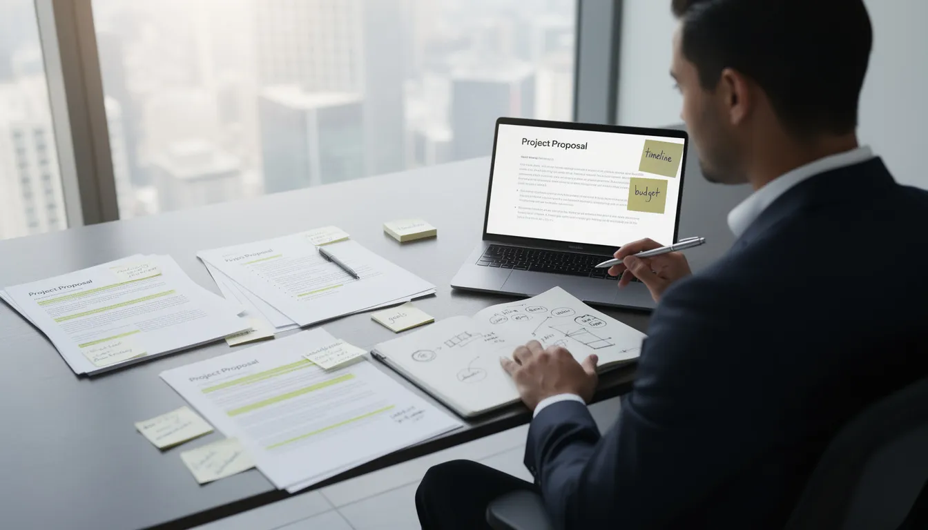 An individual is intently designing a software development proposal, surrounded by various documents and a laptop, focusing on outlining project objectives and essential details for a prospective client. The workspace reflects a structured approach, with notes on project scope, key deliverables, and a clear proposal format to ensure effective communication.