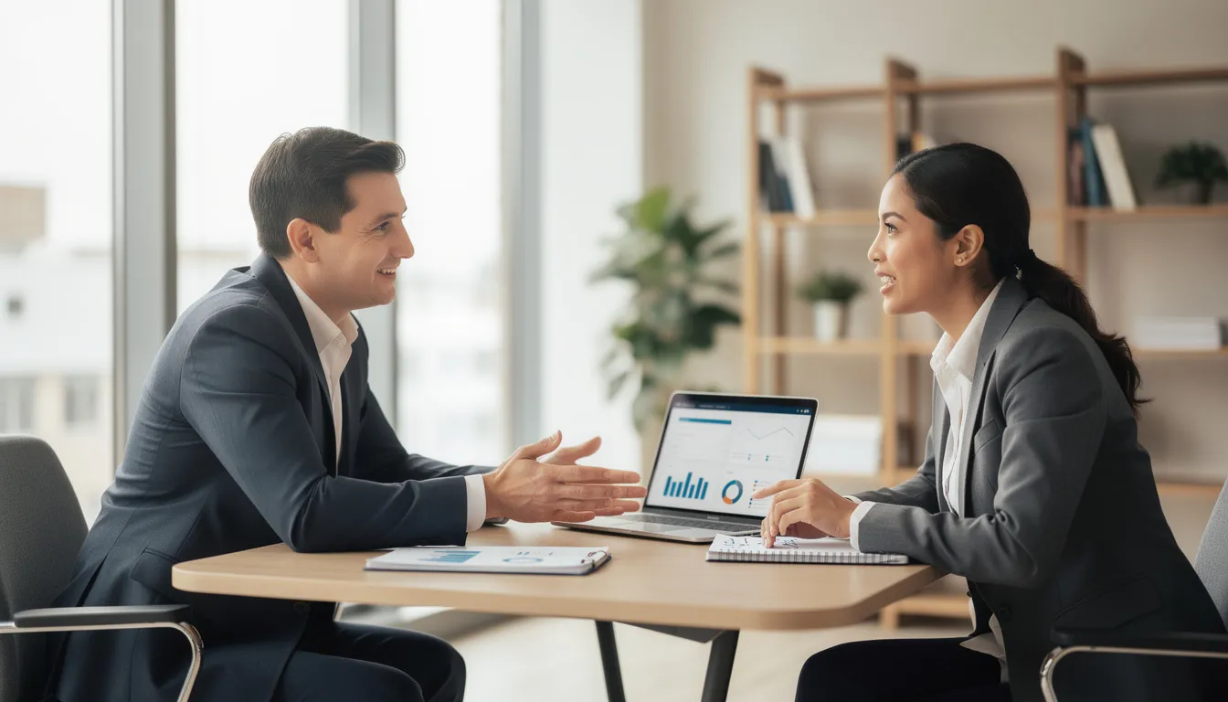 A professional is engaged in a conversation with a customer to gain a deep understanding of their needs, focusing on essential details for a software development proposal. This interaction aims to outline project objectives and gather insights that will inform the proposed solution for the client's company.