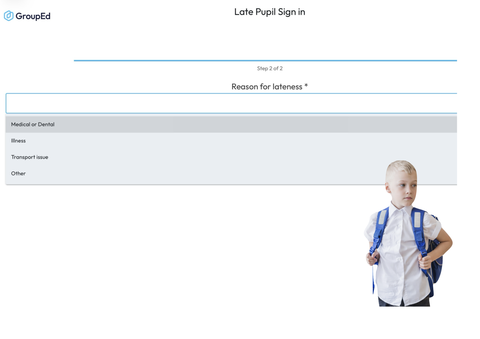 Young boy with blond hair wearing a white shirt and blue backpack looking to the side next to a late pupil sign-in form showing reason for lateness options.