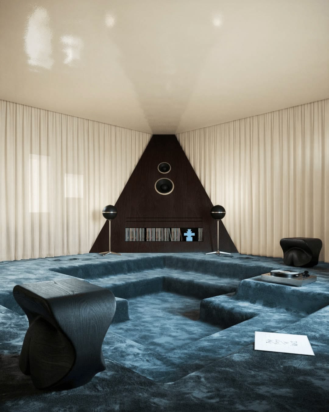Dark listening room with a large central speaker