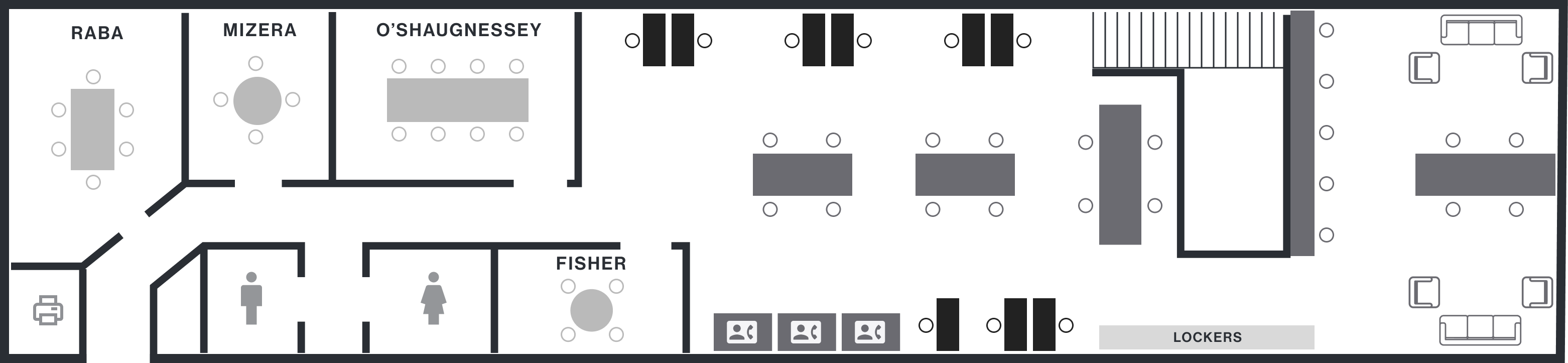 Floor plan of Union Block, showing areas for dedicated desks, phone booths, flex desks, and conference rooms.