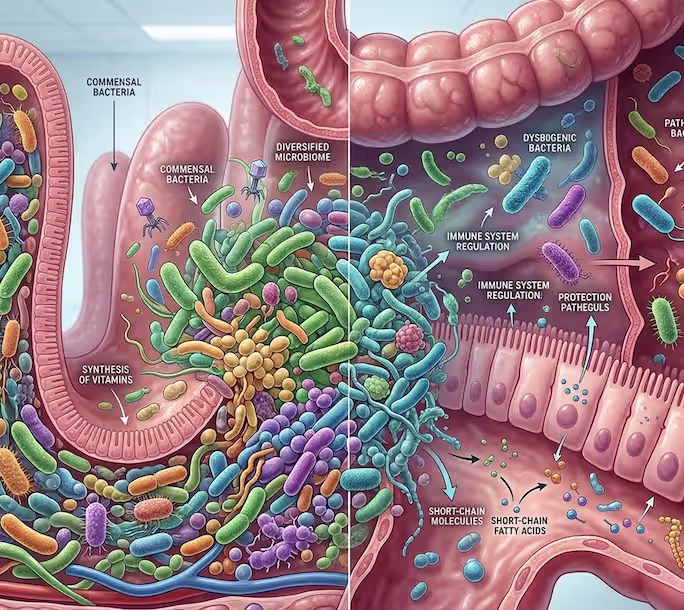 Microscopisch beeld van huidbacteriën en UV-straling op een gezonde huid