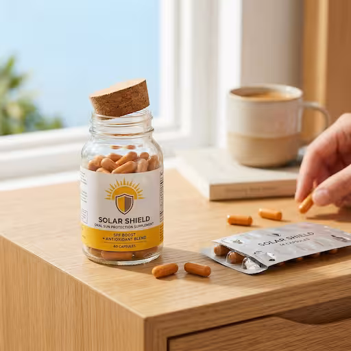 Orale zonbescherming capsules naast zonnebrandcrème op witte achtergrond