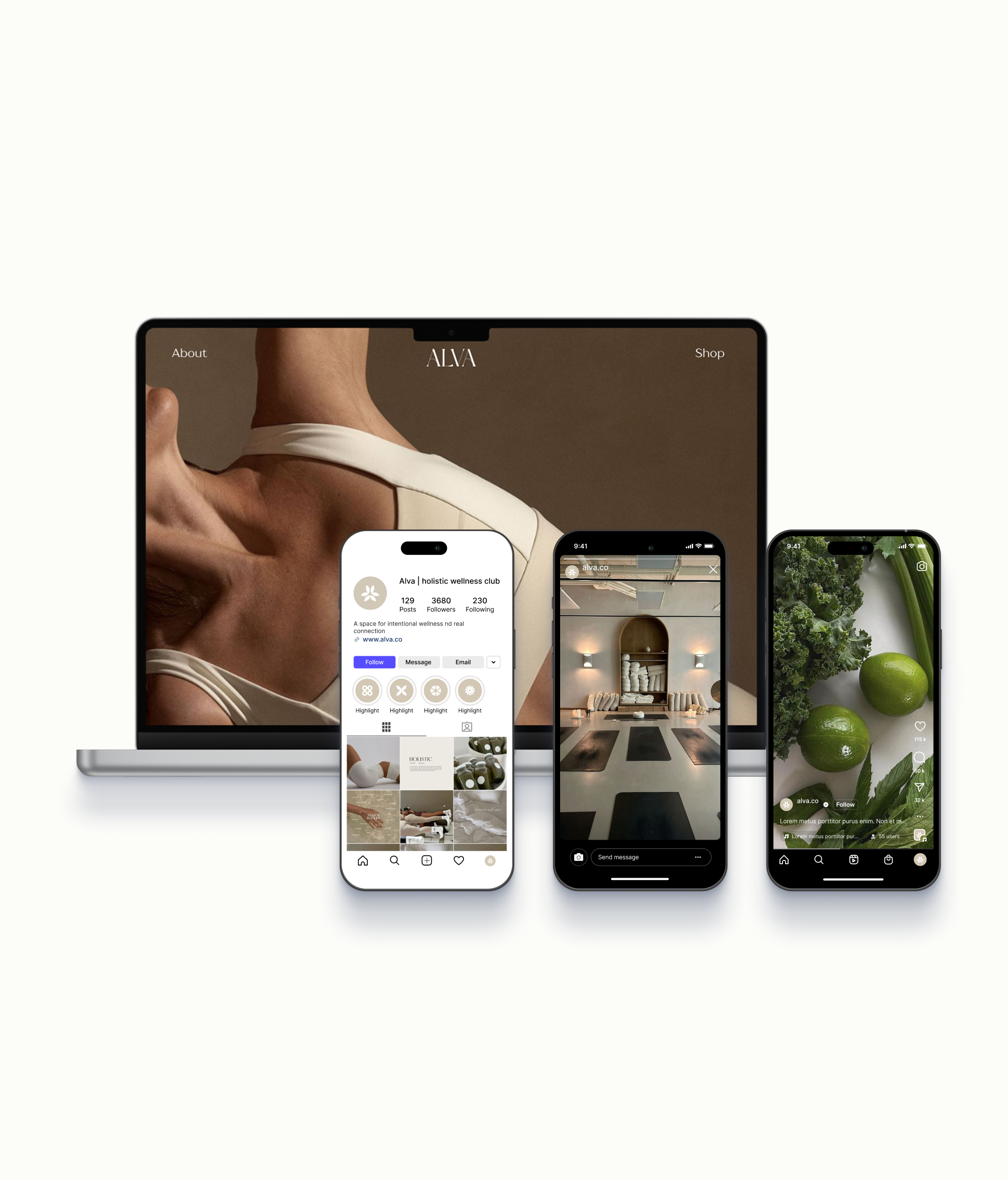 Mockup of Mackbook and iPhone screens with a wellness brand
