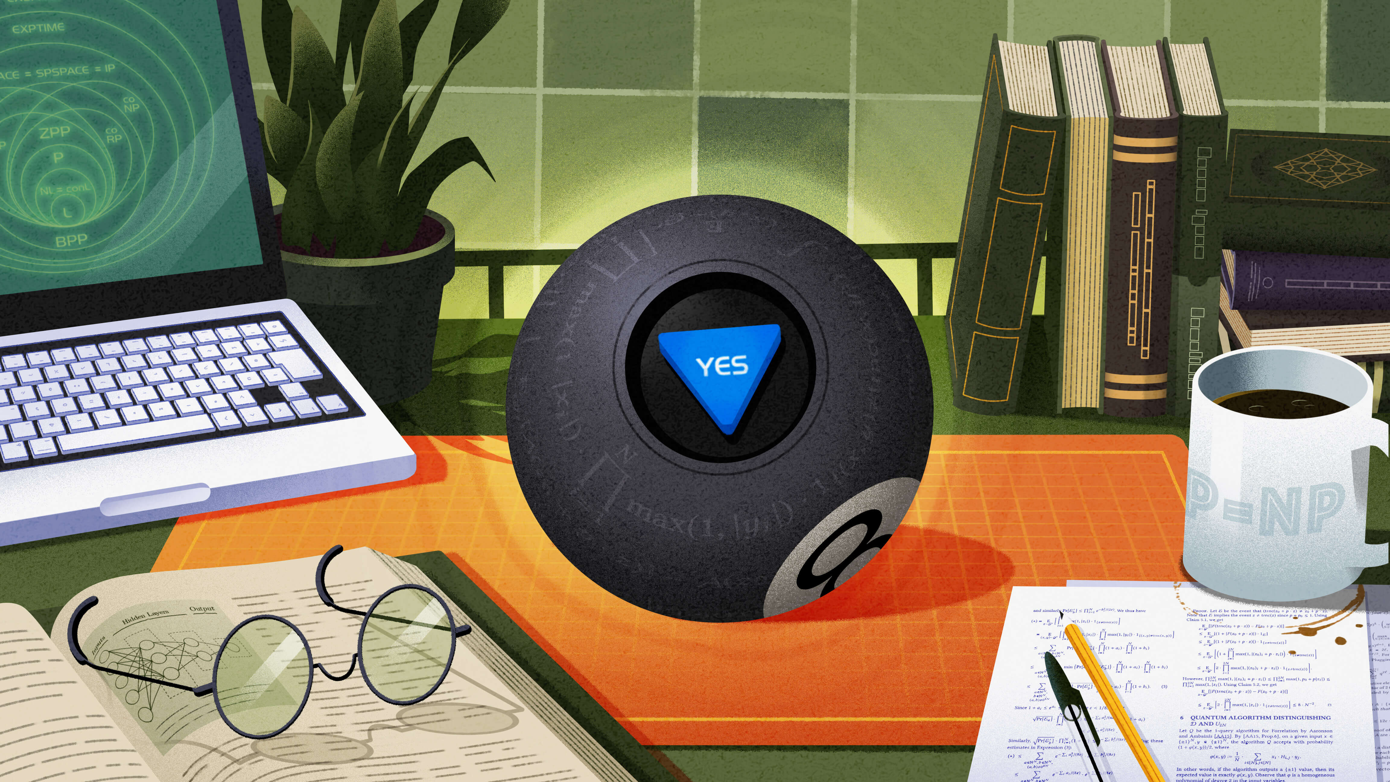 Alt text description of the main lede illustration. In this case, it is a magic 8 ball on a researcher's desk, surrounded by mathematical objects and paraphernalia.