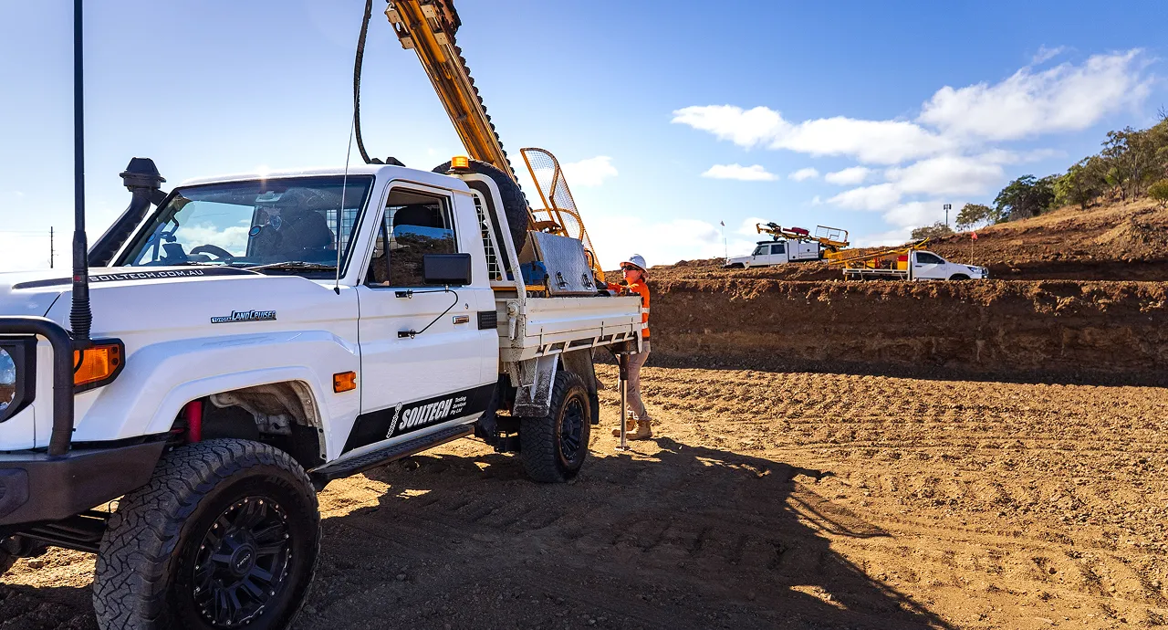 4WD utility vehicle used for Soiltech Testing Services navigating construction site terrain