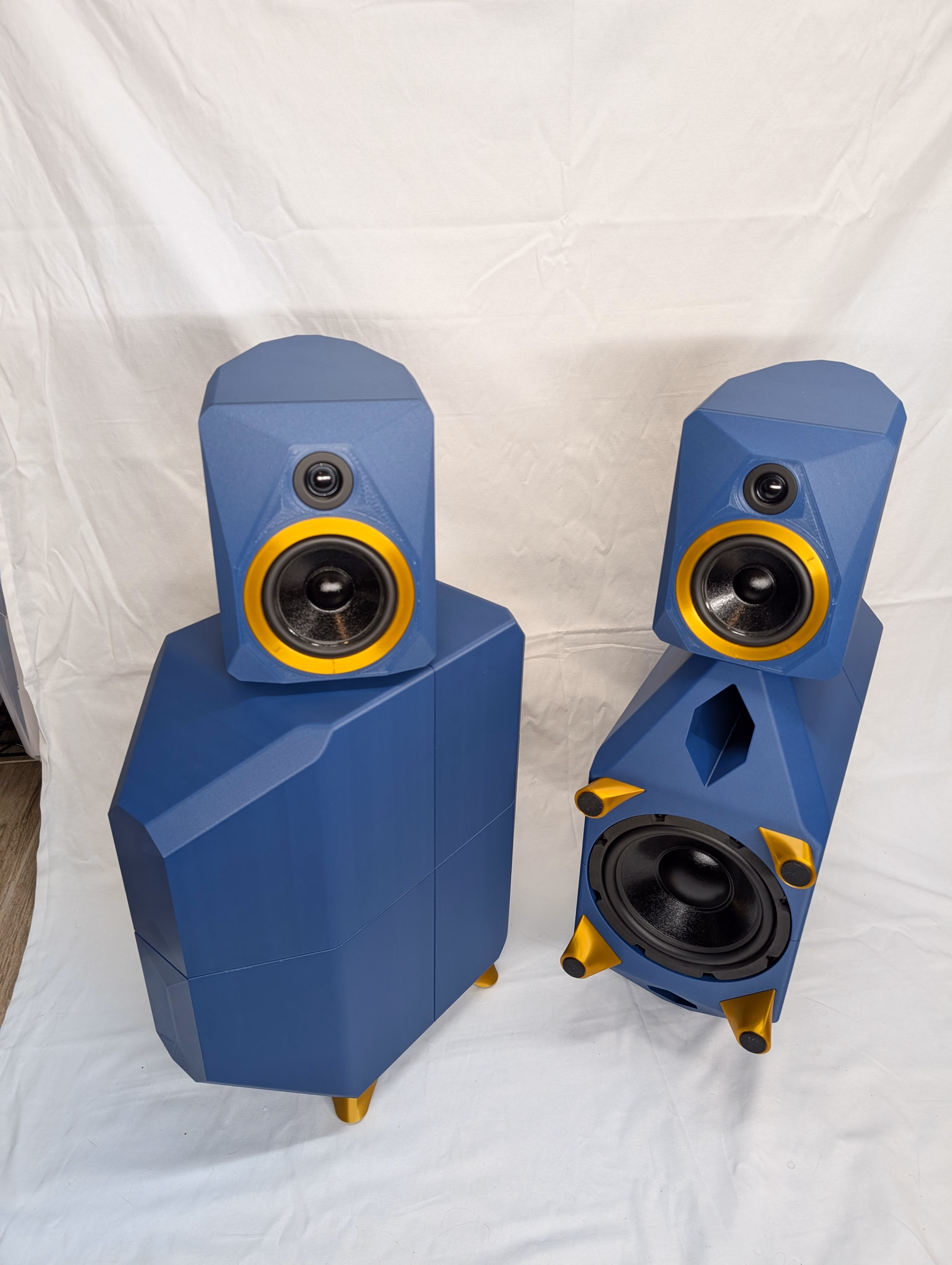 Two FDMS8s in Blue PETG-CF with gold PETG feet and two FDMGeos in the same materials