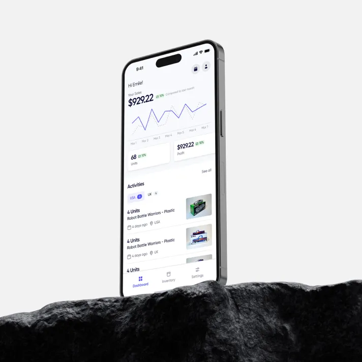Smartphone displaying a financial app interface with stock price of $929.22, line graph, and list of activities including LSPD entries, standing upright on textured black rock surface against white background