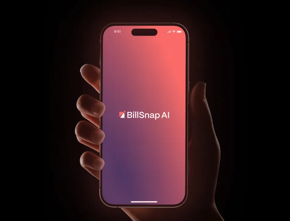 Hand holding smartphone with gradient app screen open on display