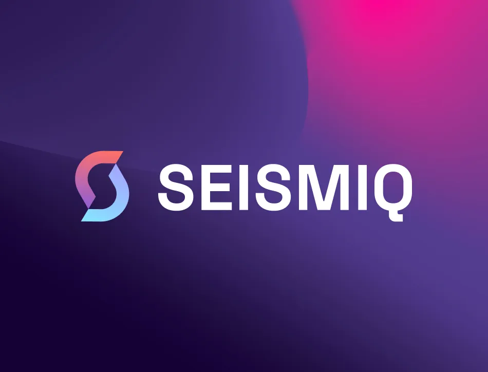 "SEISMIQ" logo featuring a stylized "S" symbol in gradient pink and blue colors on a purple to magenta gradient background