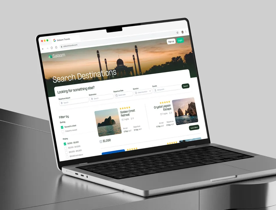 Laptop displaying a travel or lifestyle blog website with a sunset cityscape header image and grid layout of article cards