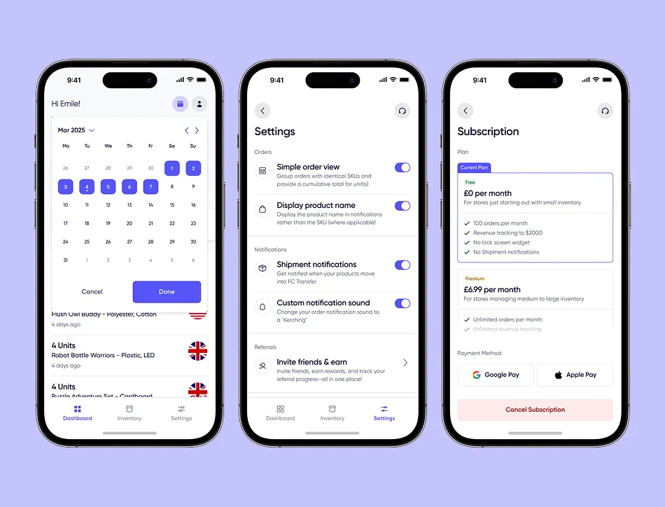 Three iPhone screens showing a mobile app interface with a purple and blue color scheme, displaying calendar views, task lists, and scheduling features