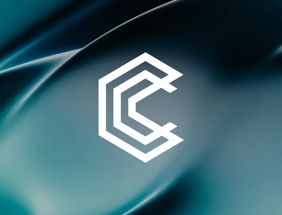White geometric "C" logo composed of three interlocking hexagonal lines on a dark teal background with diagonal light streaks