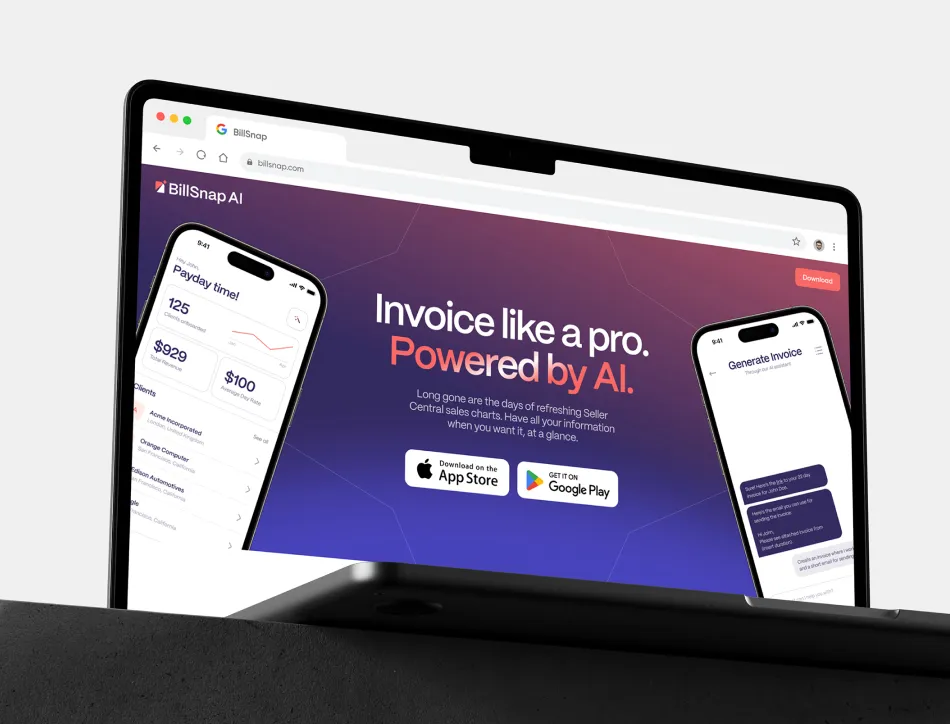 Desktop monitor and smartphone showing a purple-themed website with the heading "Invoice like a Pro, Powered by AI" and app store download buttons
