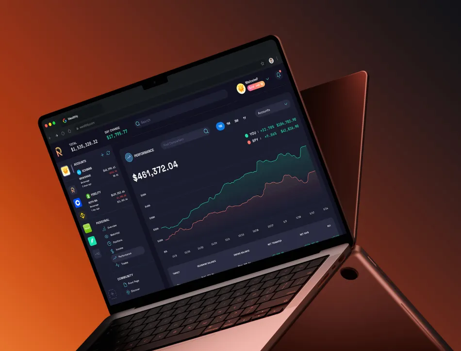 Laptop propped on stand showing a dark-themed financial trading dashboard with candlestick charts and market data on an orange background