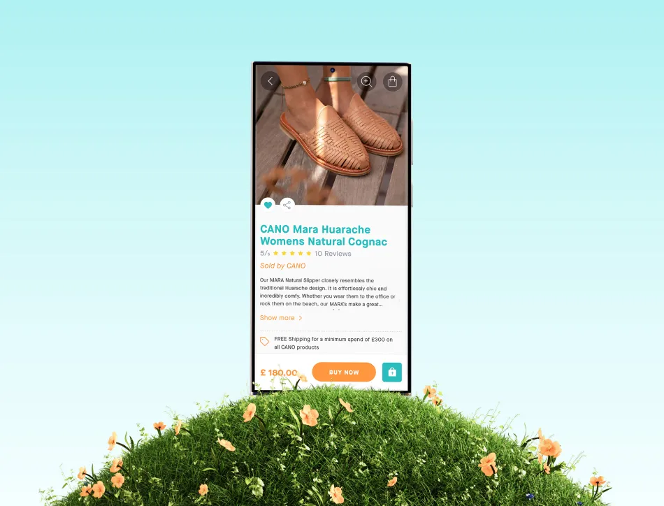Smartphone mockup floating above green grass against light blue sky, showing a dating or social app profile with a photo and chat interface featuring an orange action button