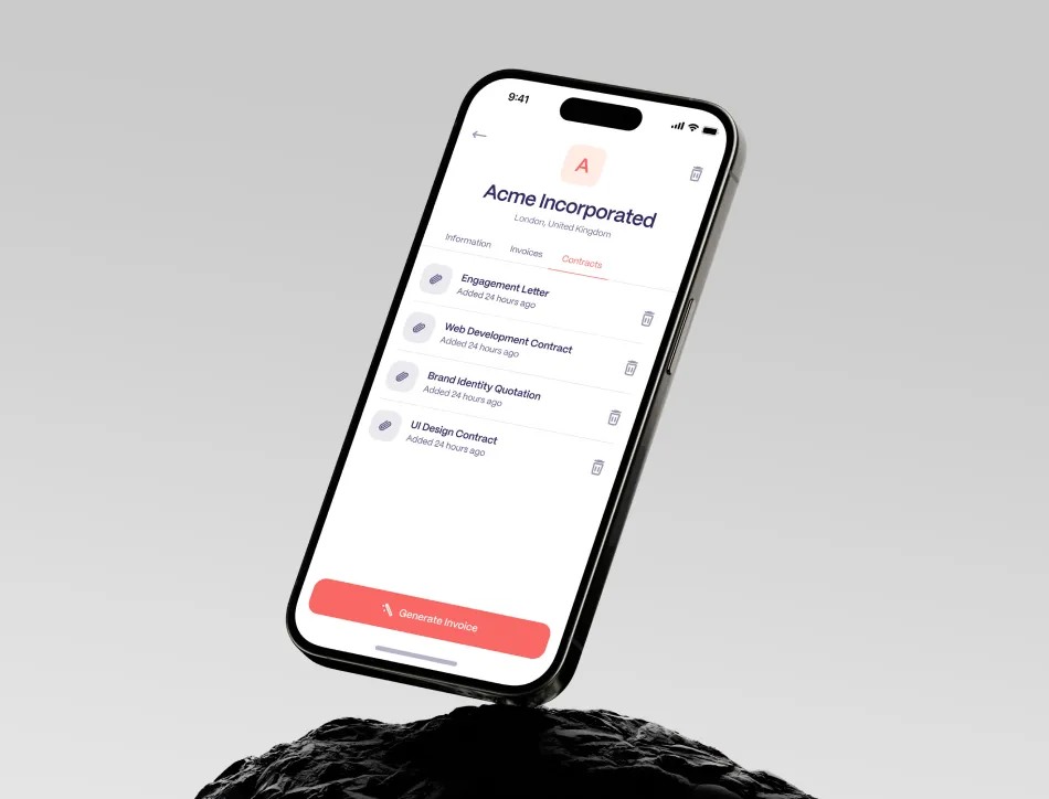 White smartphone standing upright on black rock displaying a minimalist app interface with list items and a red button at the bottom