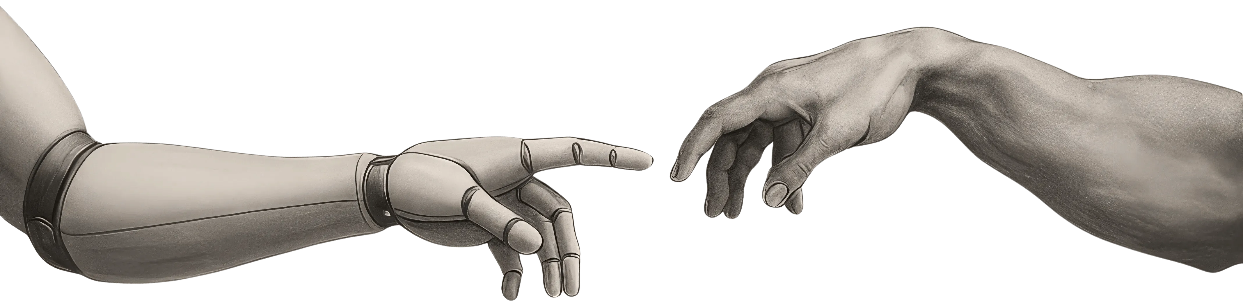 Pencil sketch image of a humanoid arm pointing with a human arm