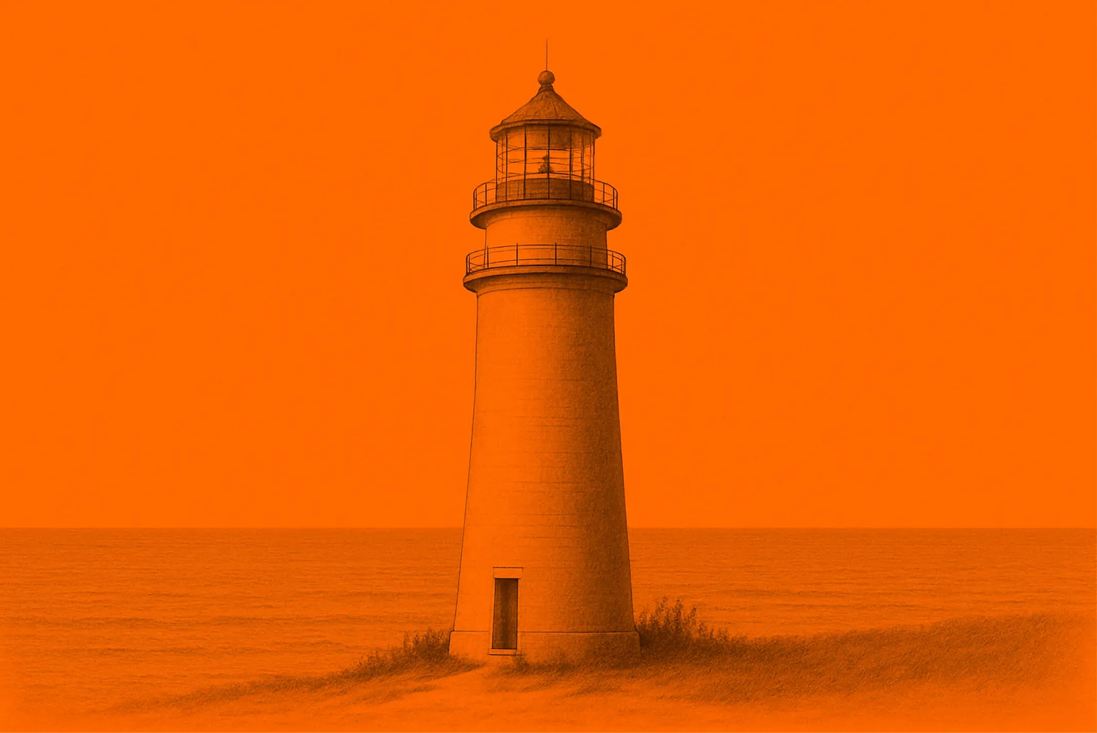Pencil sketch image of lighthouse in orange background