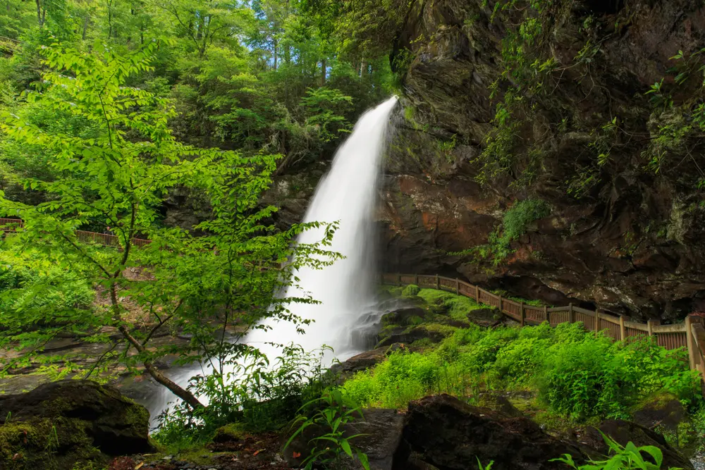 Alt text: "Waterfall cascading over a lush cliff with a wooden walkway at Dry Falls, North Carolina."