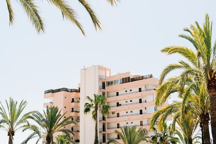 Alt text: "Sea Crest Oceanfront Resort surrounded by palm trees under a clear sky."