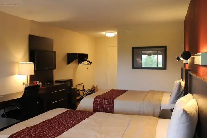 Bright, modern hotel room with two beds, desk, chair, and wall-mounted TV at Red Roof PLUS+ Raleigh NCSU.