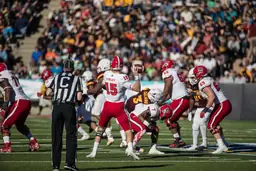 Football game in progress at Carter-Finley Stadium with players in action and a quarterback preparing to throw the ball.