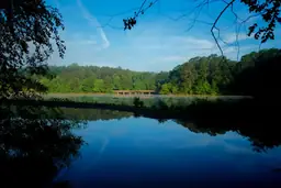 Early morning view of tranquil Shelley Lake Park with trees reflecting on the water's surface.