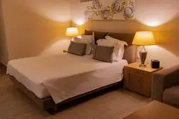 Cozy hotel room at Sheraton Raleigh with a large bed, warm lighting, and abstract wall art.