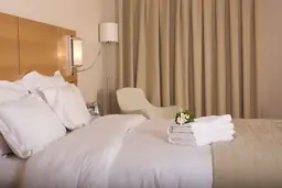 Cozy Tru by Hilton room with a plush bed, white linens, towels stack, modern chair, and draped window.
