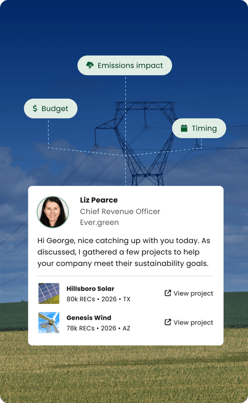 Email from Liz Pearce listing sustainability projects Hillsboro Solar TX and Genesis Wind AZ with budget and timing tips.