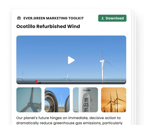 Marketing toolkit page showing wind turbines for Ocotillo Refurbished Wind with download button and video preview.
