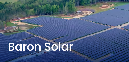 Aerial view of a large solar panel farm with trees in the background and text 'Baron Solar'.