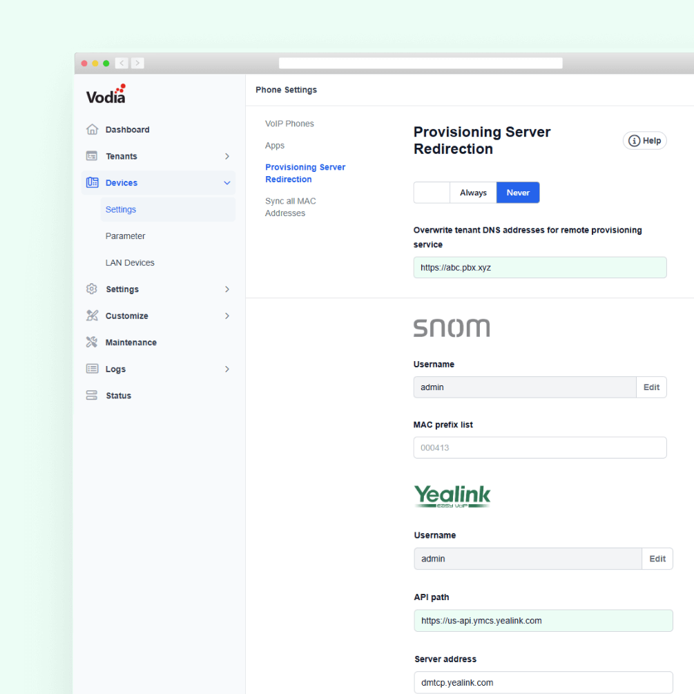 Phone settings screenshot from Vodia V70 admin portal indicating centralized provisioning