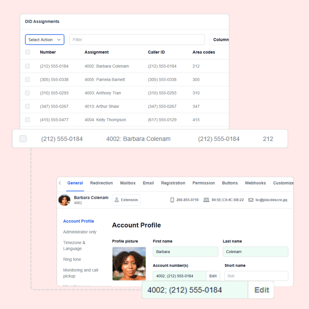 DID Assignments and Account Profile screenshots from the Vodia V70 Admin Portal