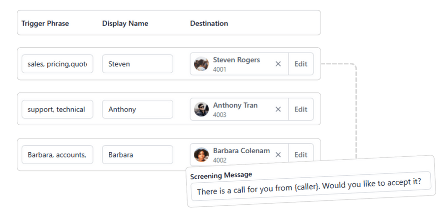 Automatic trigger transfer using the Vodia voice agents screenshot