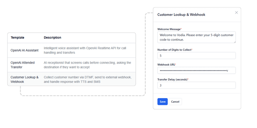 Vodia voice agent templates like customer lookup and webhook screenshot from the Vodia voice agents