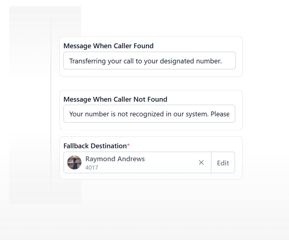 Smart address book routing screenshot from the Vodia voice agents