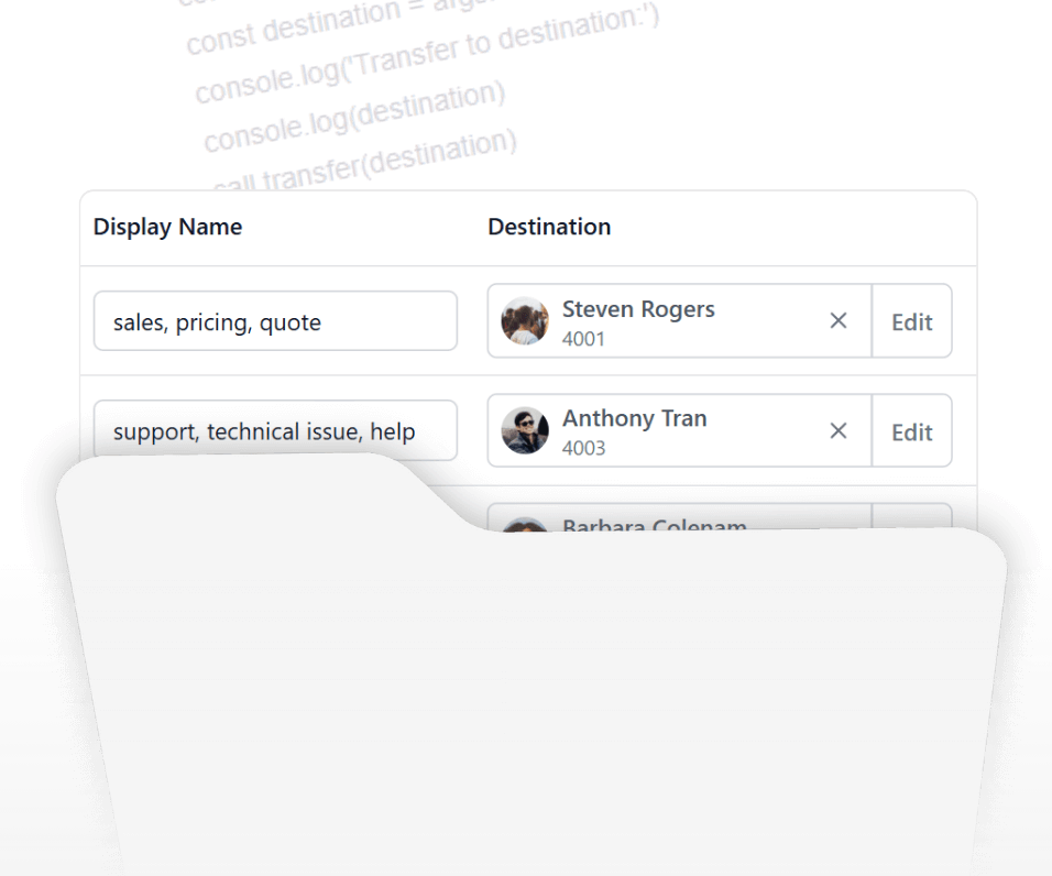 Call routing screenshot from the Vodia voice agents