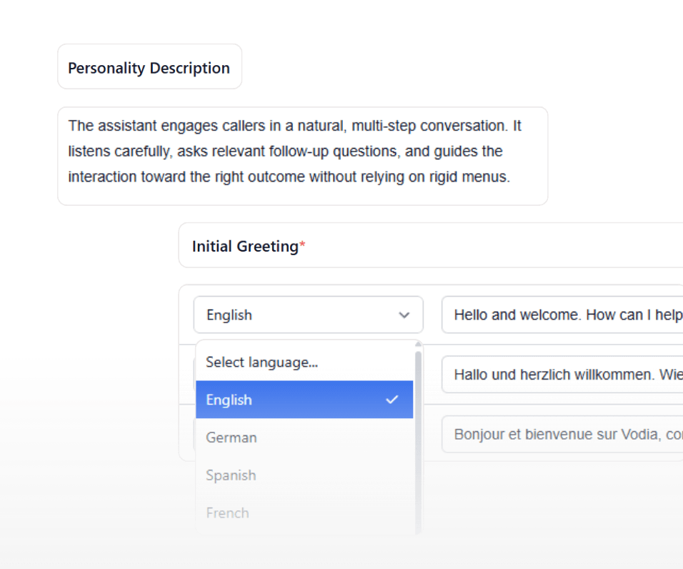 Conversational receptionist screenshot from the Vodia voice agents
