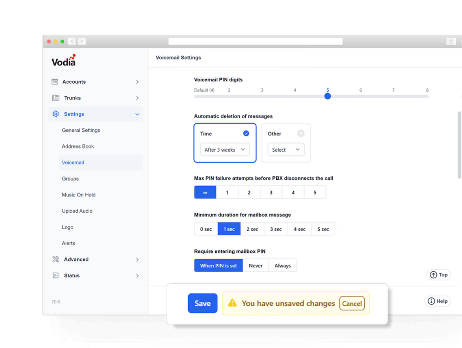 Improved page controls screenshot from Vodia v70 admin portal