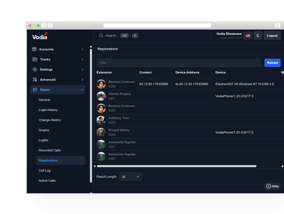 Dark Mode screenshot from the Vodia V70 admin portal