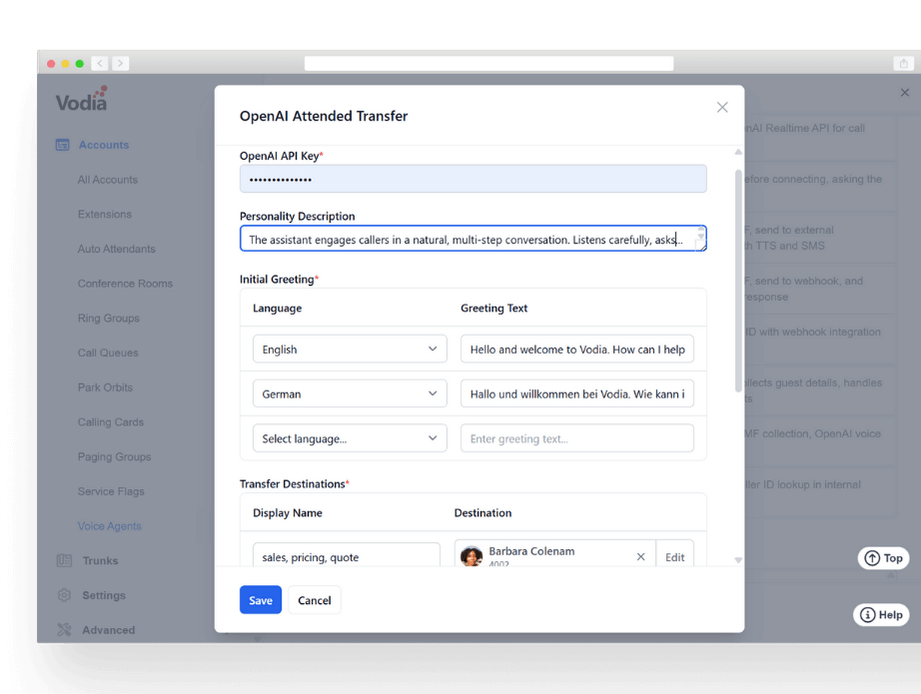 V70 Vodia Voice Agents screenshot