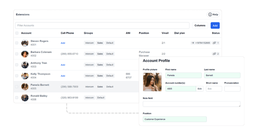 Extensions and Account Profile screenshots from the Vodia V70 Admin portal