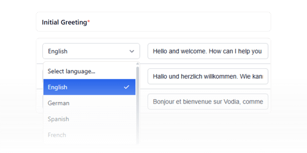 Initial greeting based on language screenshot from the Vodia V70 Voice Agents