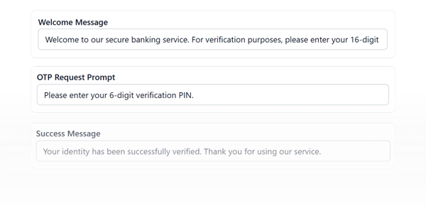 Event driven actions like welcome message and opt request prompt screenshots from the Vodia V70 Voice Agents