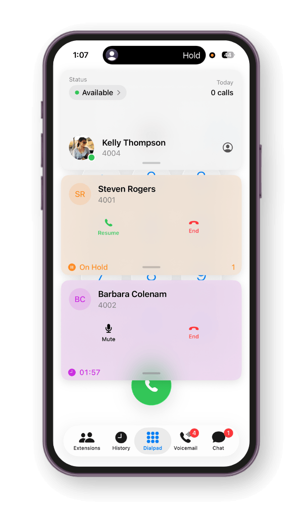 Vodia iPhone app showing card-based call management with active and held calls