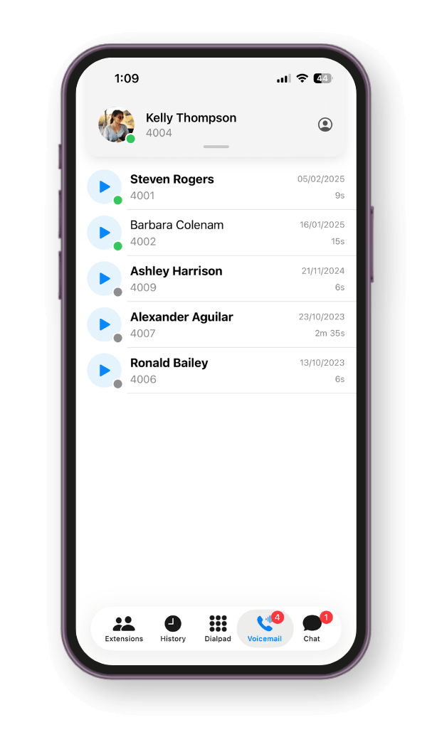 Vodia iPhone app showing voicemail messages